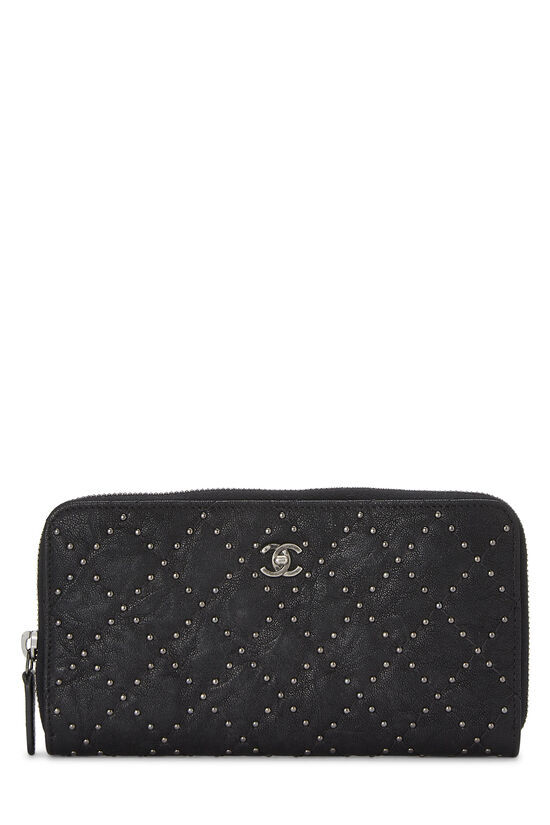 BLACK CALFSKIN STUD ZIP-AROUND WALLET